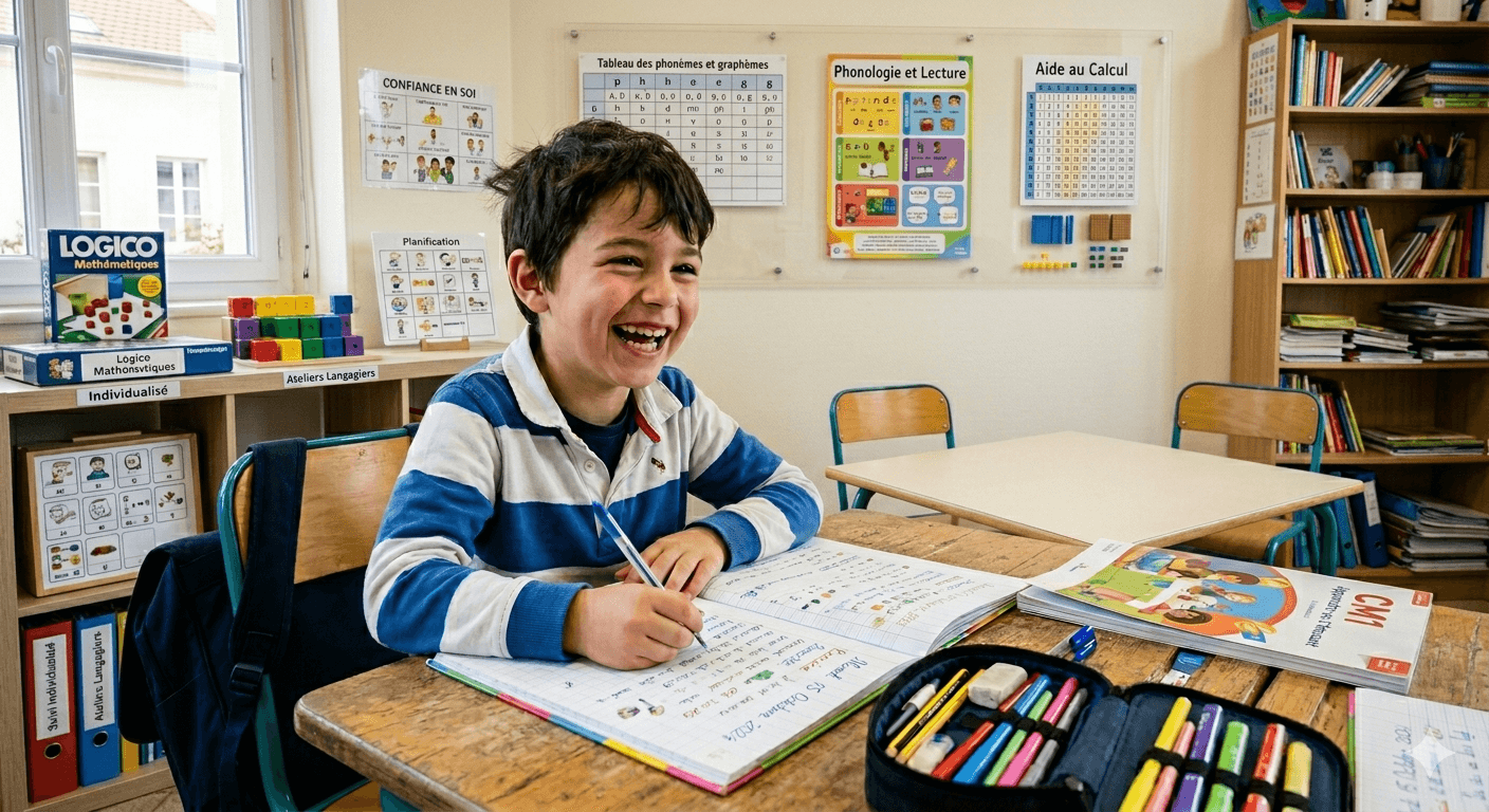 Enfant souriant en train d'écrire dans une salle de classe