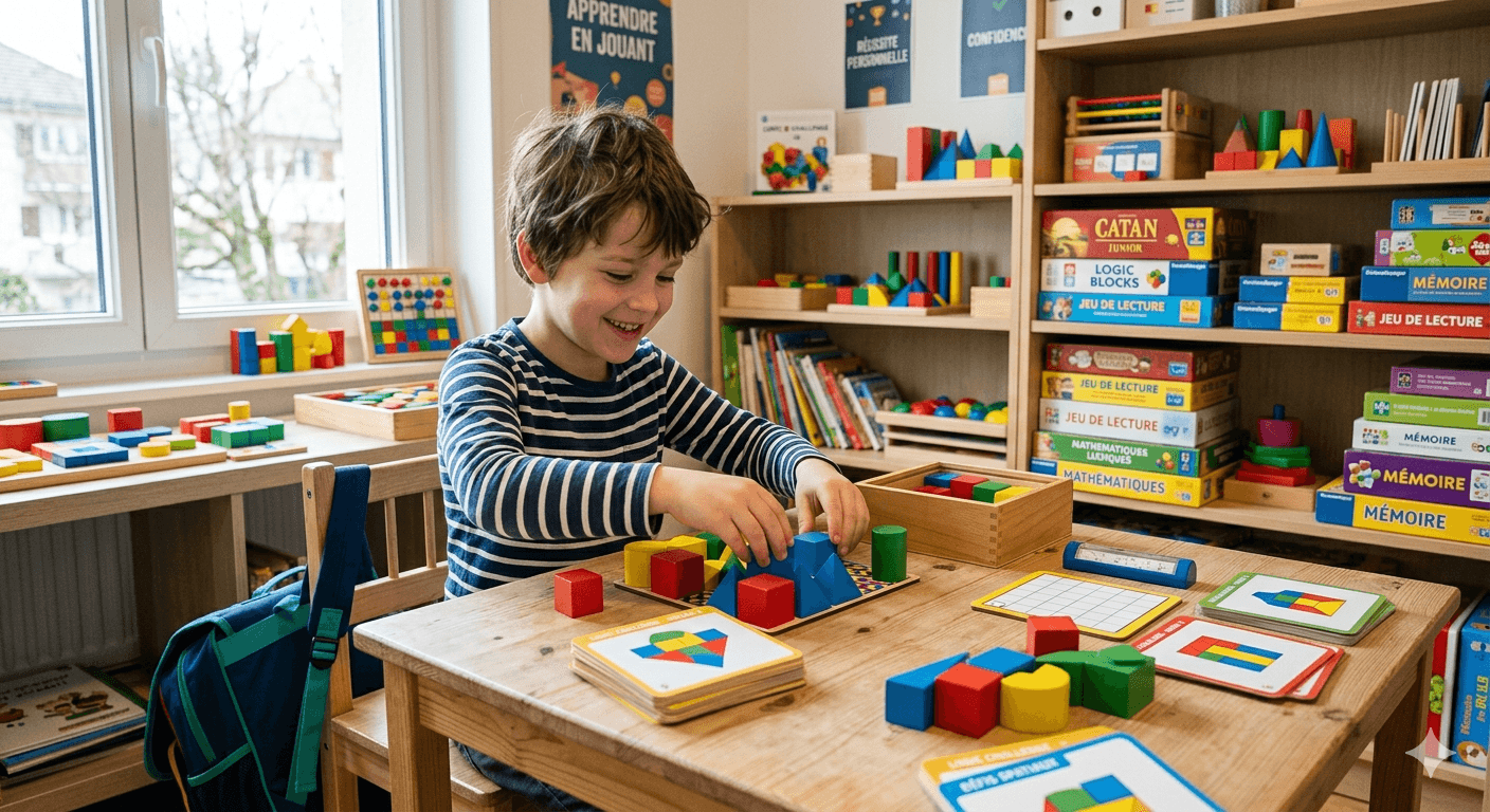 Enfant souriant en train d'écrire dans une salle de classe